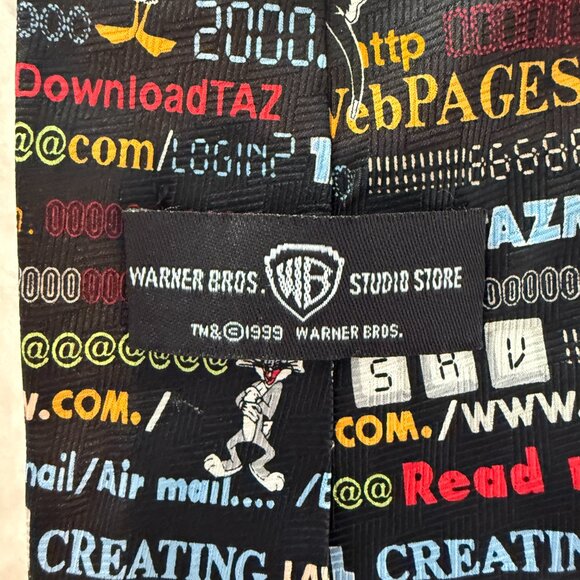 Vintage 1999 90s Warner Bros Silk Looney Tunes Internet tie Bugs Bunny Taz Daffy - Picture 3 of 3